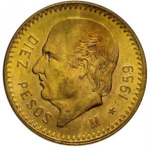 Diez pesos mexicanos 1959 oro